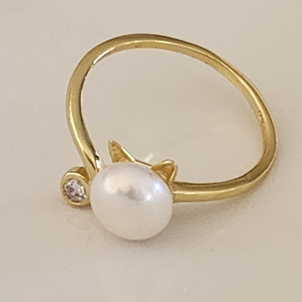 925S Real 8mm Cultured Freshwater Pearl Cat Shape Gold Ring - Adjustable - Picture 9 of 16